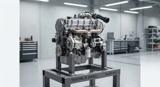 Motor diésel Toyota 3L para Hilux 4x4 exhibido en un entorno industrial moderno.