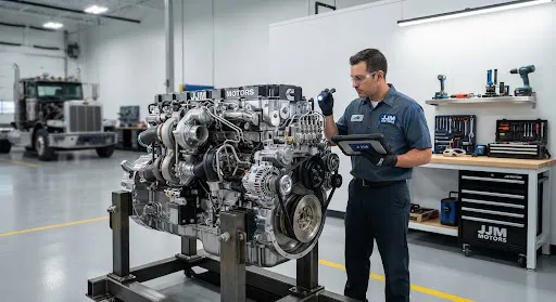 Técnico inspeccionando un motor diésel de camión en un taller limpio y bien iluminado.