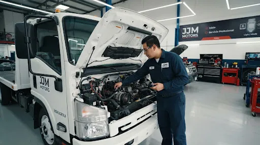 Mecánico inspeccionando el motor encendido de un camión NPR en un taller profesional.