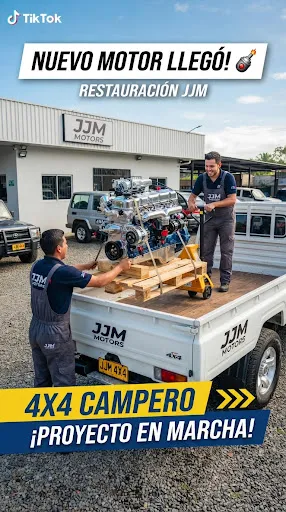 Motor restaurado para campero 4x4 siendo cargado en un camión de despacho.